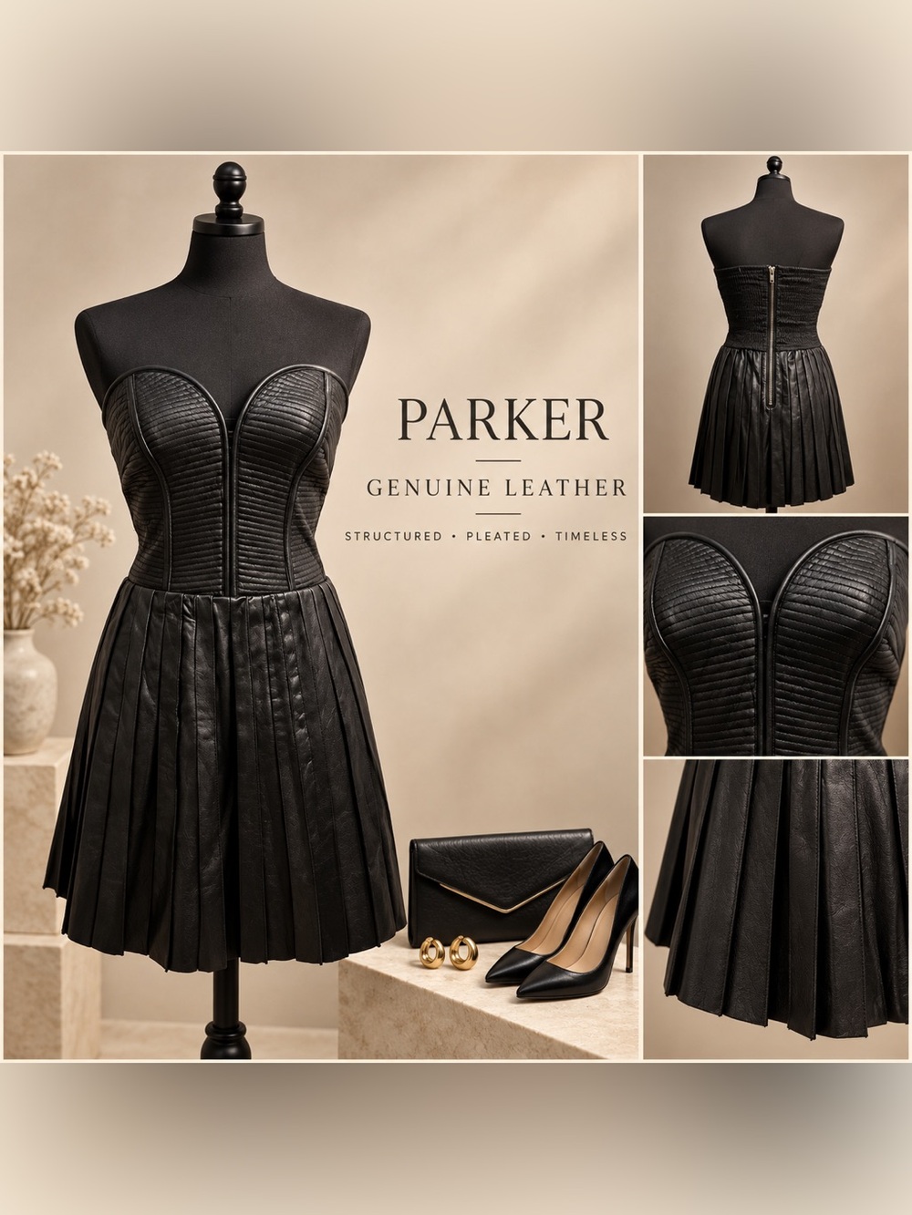 Parker Black Genuine Leather Strapless Pleated Mini Dress Size L